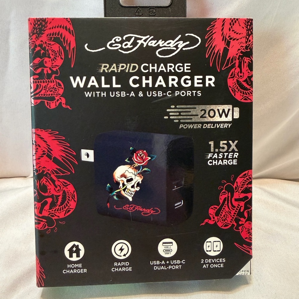 Ed Hardy Black and Red Wall Charger with Skull Design